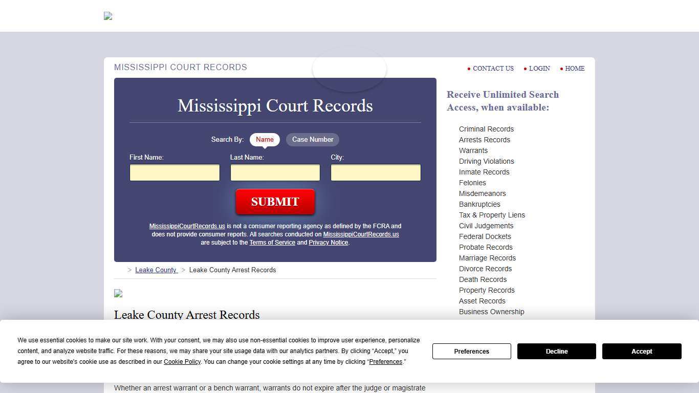 Leake County Arrest Records | MississippiCourtRecords.us